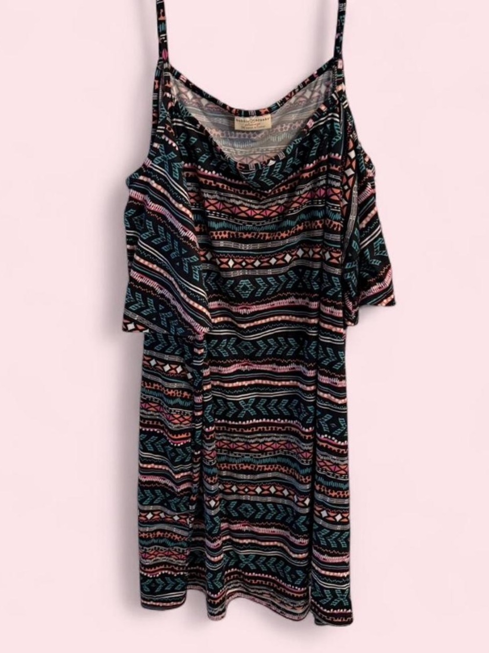 Size 3X Bobbie Brooks Cold-Shoulder Tribal Stripe Camisole - Black, Teal & Pink
